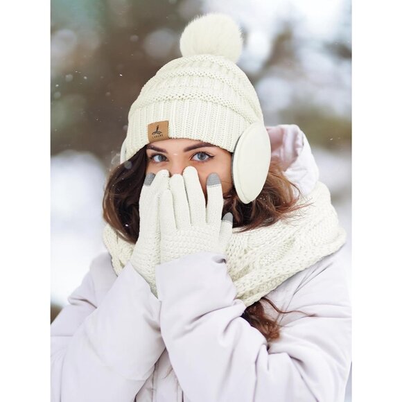 Women Ivory Knit Beanie Hat, Gloves, Scarf & Ear Warmer Set - Winter - Picture 6 of 6